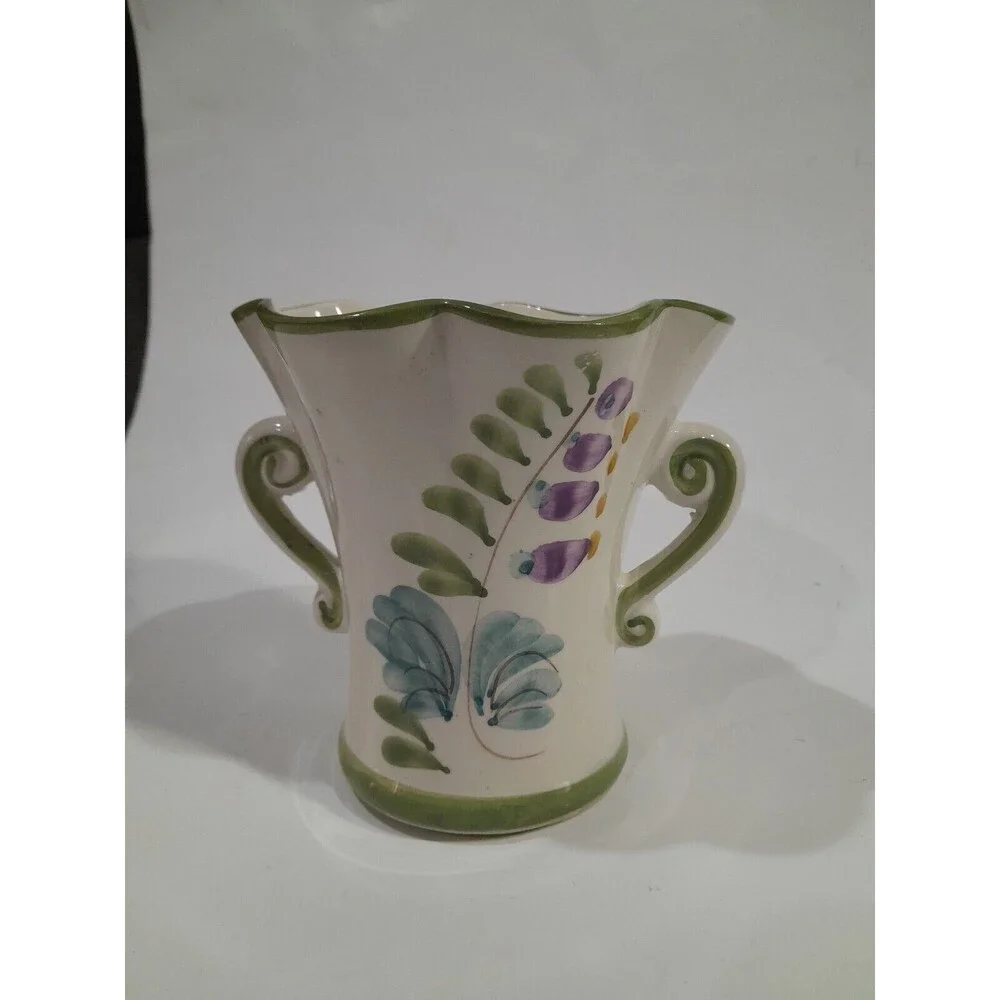 FTD Handpainted Porcelain Vase 6 “tall  Portugal  2 Handles Green Trim Flowers